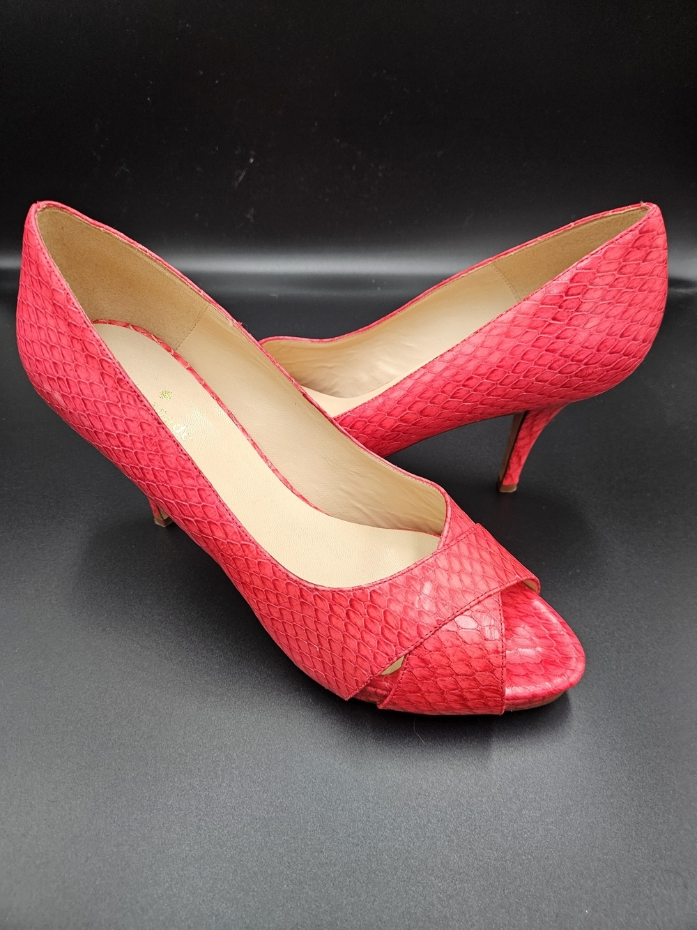 Kate Spade New York Red Snakeskin Embossed Peep Toe Heels Size 9B Made in Italy